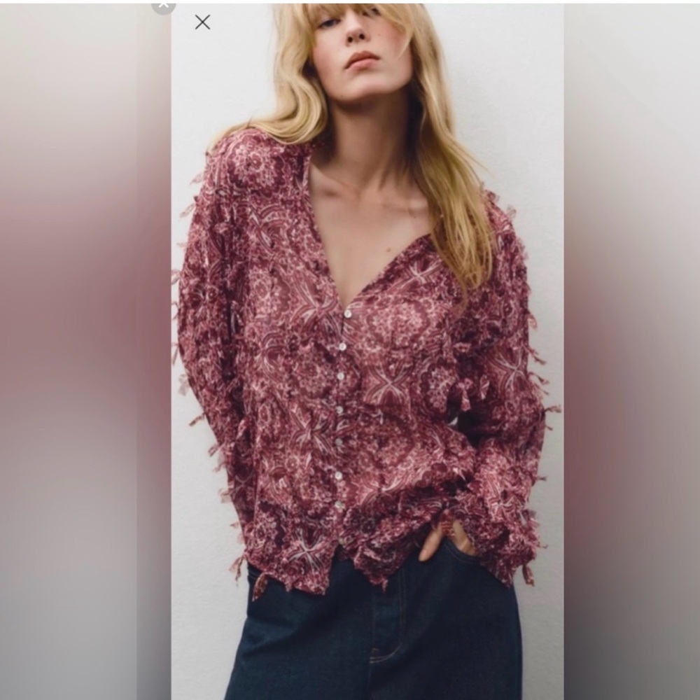 Zara Burgundy Patterned Blouse Fringed Paisley Button-Up Blouse NWT